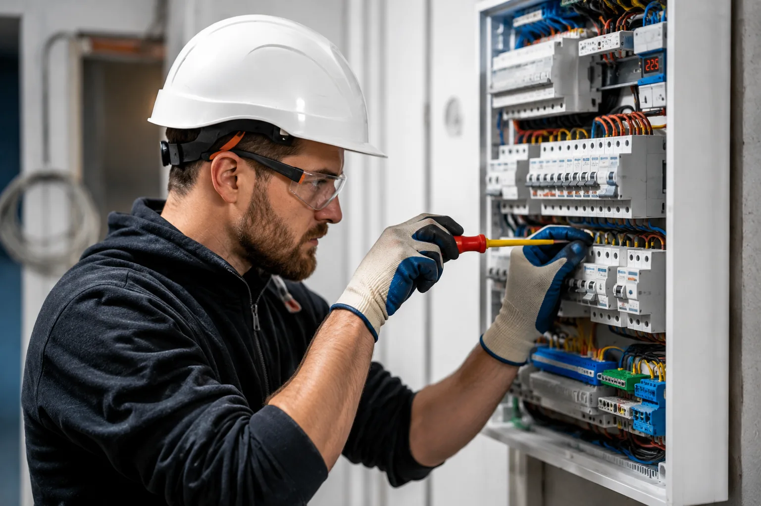 Elektriker und technischer Objektservice an einer Schaltanlage